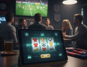 A group of gamers playing in a table while a football match is showing on a TV screen, a tablet in front also shows a slot game demo play