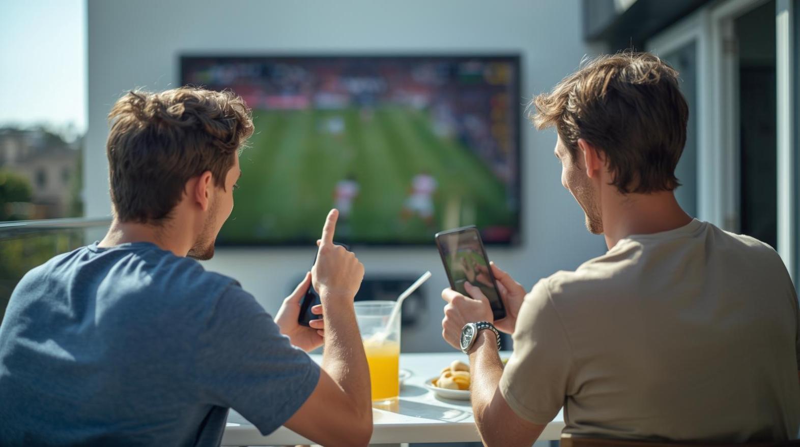 Friends enjoying football betting discussion while watching a match on devices.