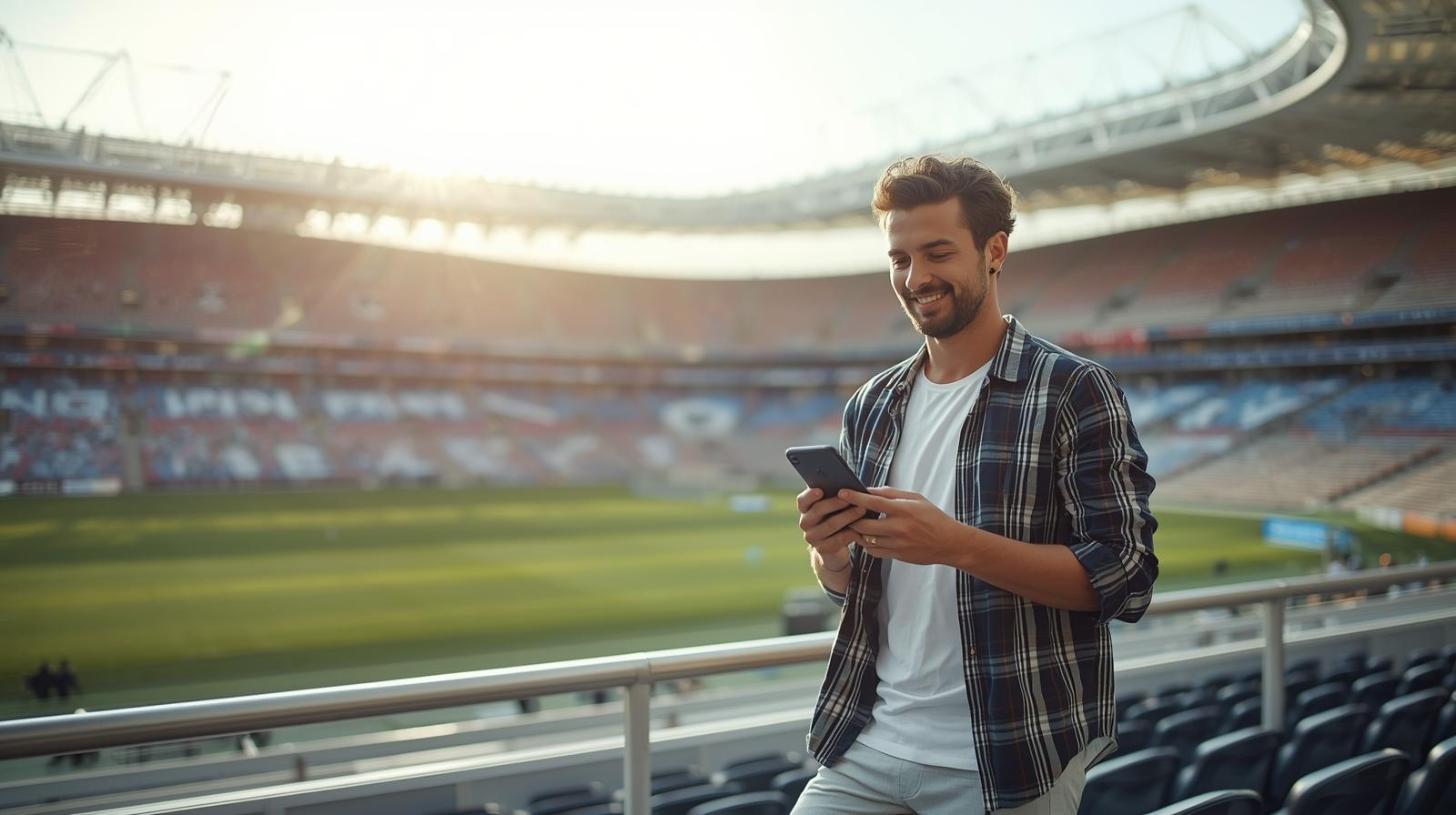 Relaxed football fan at stadium checking smartphone ahead of a highly anticipated match