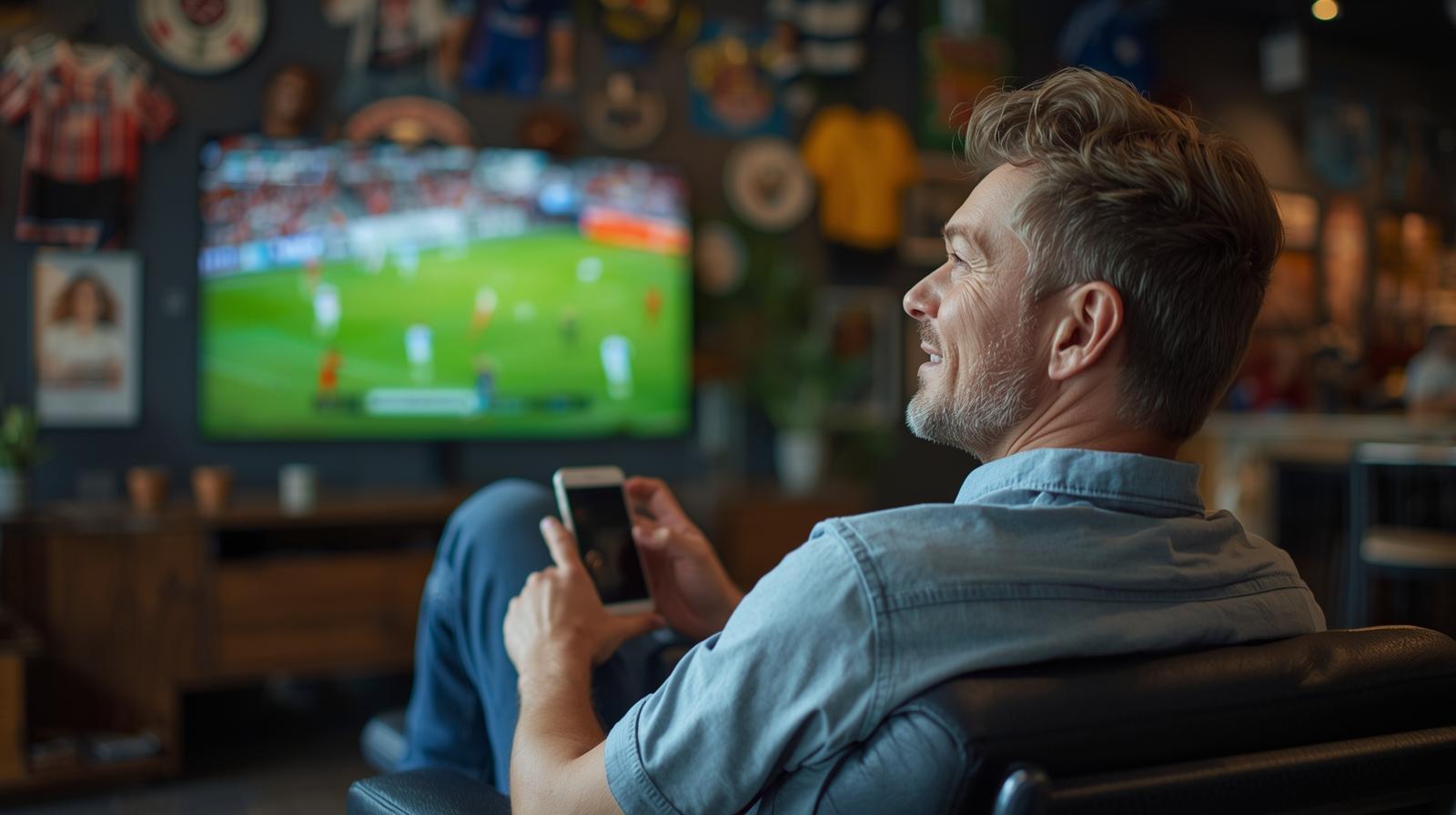 Relaxed football fan enjoying international match viewing in a modern sports lounge setting.