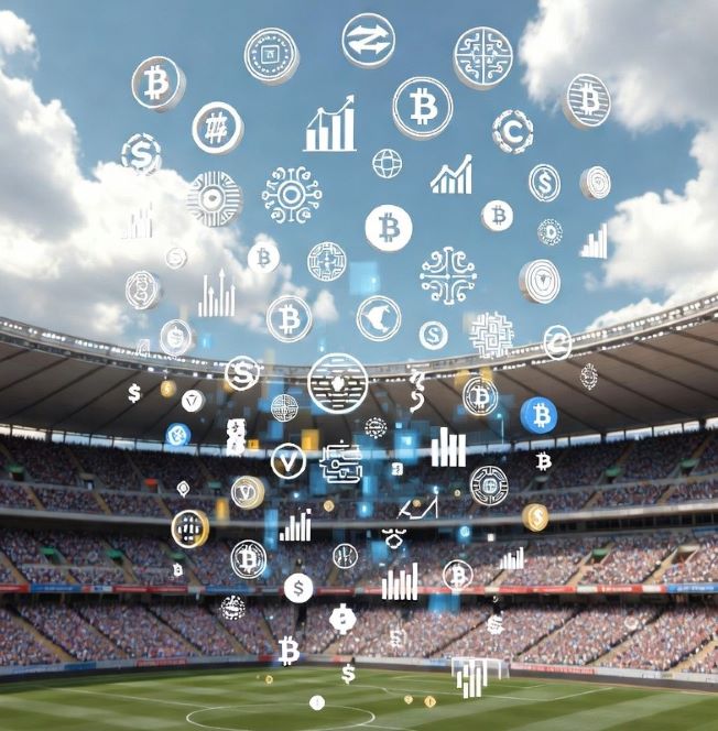 football stadium with floating digital icons