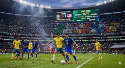A tense international football match during World Cup qualifiers, packed stadium, players under pressure
